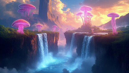 Fototapeta premium A digital painting of a dreamlike landscape with floating islands, waterfalls, and glowing mystical creatures