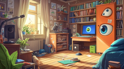 Night bedroom interior with computer, telescope, bookshelf, plant and monster eyes in cupboard. Home cabinet, student, teenager or freelancer workplace, house room with bed Cartoon vector illustration