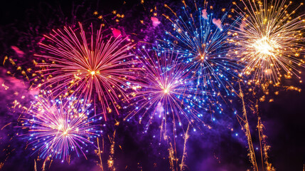 Fototapeta premium Firework light effects set isolated on transparent background. Vector realistic illustration of red, purple, blue, yellow sparkle burst shining in night sky, firecracker explosion, holiday celebration