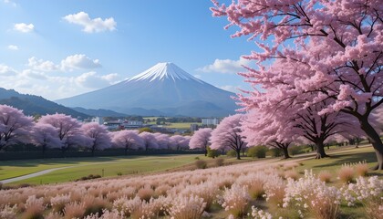 Lake kawaguchiko and Mount fuji morning mist sunrise light travel in japan cherry blossoms and Mt.Fuji 