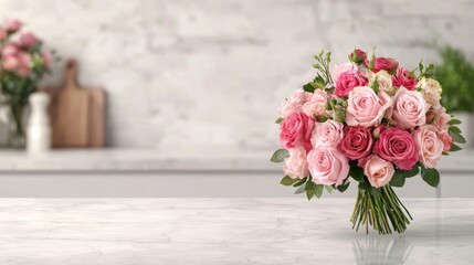 Bouquet of pink roses on a marble countertop with a blurred kitchen background. Perfect for Valentine's Day, Mother's Day, or any special occasion.