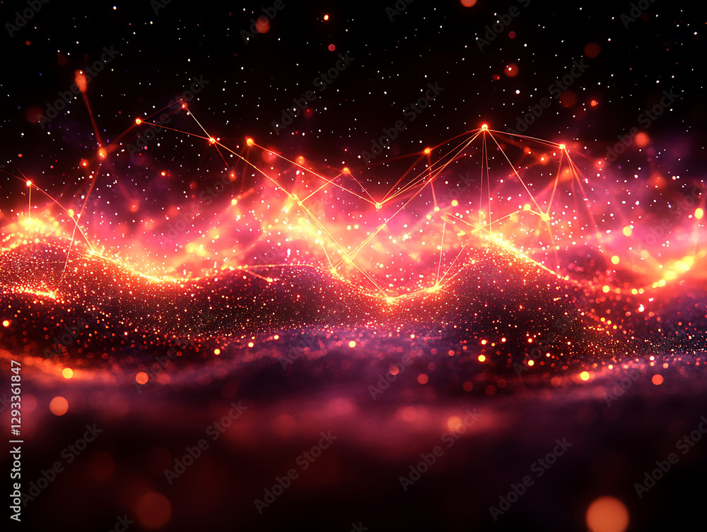 Poster fiery abstract background with glowing particles and interconnected lines. perfect for tech, science