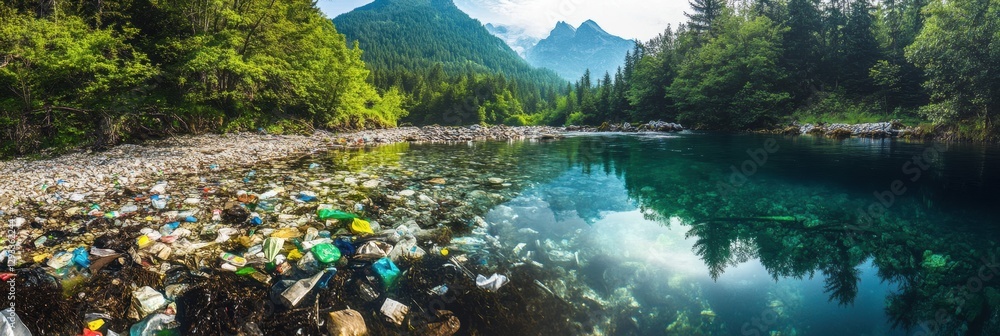 Poster Comparison of polluted river filled with trash versus pristine crystal clear stream highlighting environmental issues. Generative AI