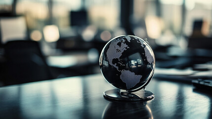 Small aluminum globe resting workstation reflective surface modern minimalistic design travel concept world map sleek metallic finish elegant desk decor office toy planet ball visual tech orbit sphere