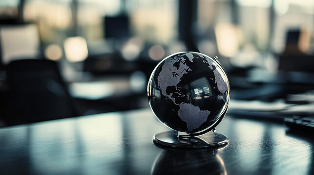 Small aluminum globe resting workstation reflective surface modern minimalistic design travel concept world map sleek metallic finish elegant desk decor office toy planet ball visual tech orbit sphere