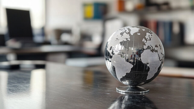 Small aluminum globe resting workstation reflective surface modern minimalistic design travel concept world map sleek metallic finish elegant desk decor office toy planet ball visual tech orbit sphere