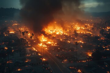 Destruction unfolds as wildfire engulfs residential areas during twilight hours