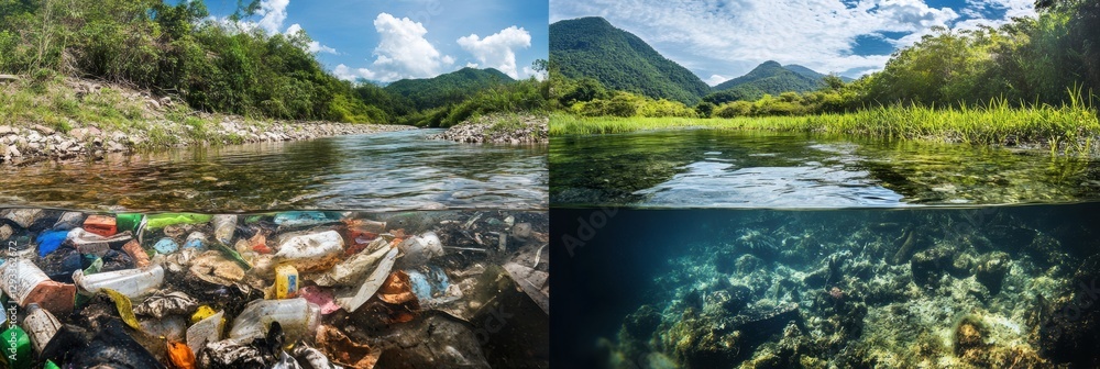 Poster contrast between polluted river filled with trash and pristine clear water stream showcasing environ
