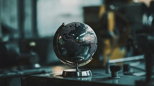 Small aluminum globe resting workstation reflective surface modern minimalistic design travel concept world map sleek metallic finish elegant desk decor office toy planet ball visual tech orbit sphere - Powered by Adobe