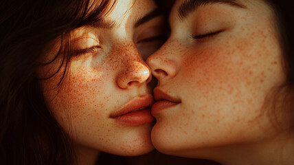 Obraz premium A close-up of two women, both with freckles and dark hair, kissing in the mirror, their faces lit by soft light from above.