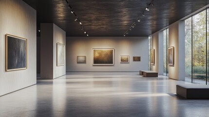 Obraz premium Modern Art Gallery Interior: Sunlit Abstract Paintings in Minimalist Setting