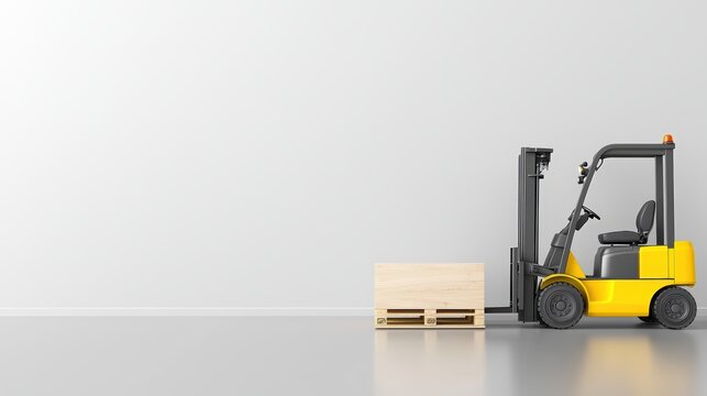 A yellow forklift positioned next to a wooden pallet on a smooth surface, set against a minimalist gray background.cargo management warehouse scheduling