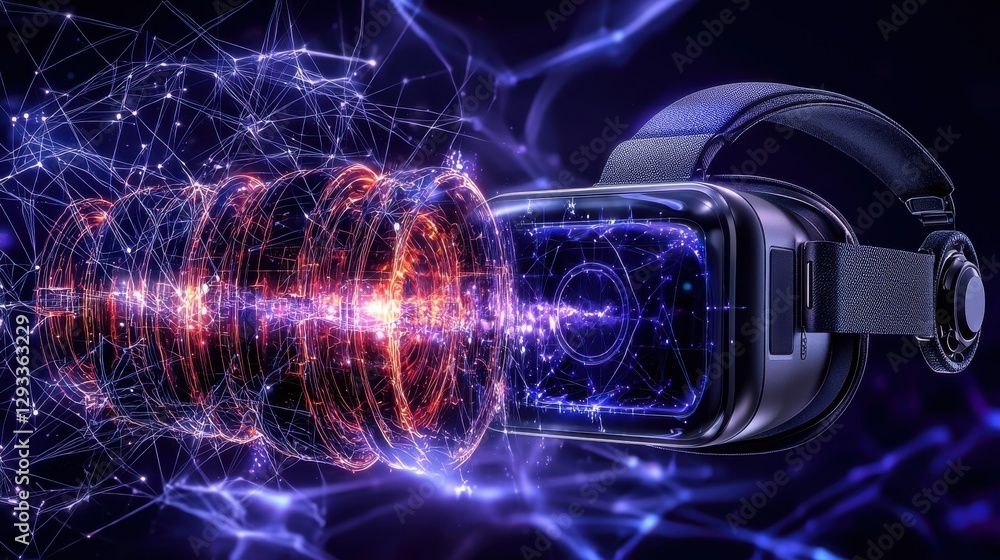 Poster futuristic virtual reality headset surrounded by a dynamic cosmic visualization of a complex digital