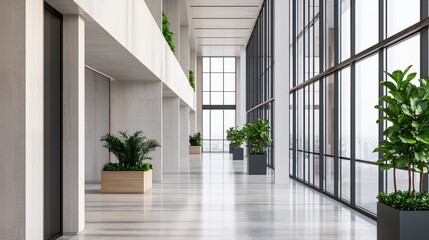 Bright office interior with plants and natural light. Modern architecture with large windows and greenery.