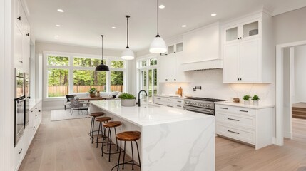 Bright, modern kitchen with white cabinets, marble countertops, and wood floors. The kitchen island has stools and pendant lights.