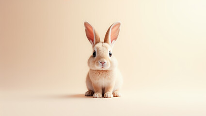 Obraz premium A small fluffy bunny sits on a soft pastel surface, gazing directly at the camera with an amiable expression