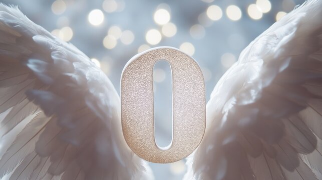 Soft angel wings surrounding a sparkling number zero, symbolizing spiritual awakening and the significance of angel numbers in a serene atmosphere