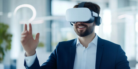 business professional using virtual reality headset, engaging with technology in modern office environment. scene conveys innovation and excitement