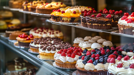 Dessert shop display with cakes and muffins. Vector cartoon illustration of shelf with chocolate pie, cheesecake, ice cream, croissant cupcakes decorated with fruit and berries, confectionery window