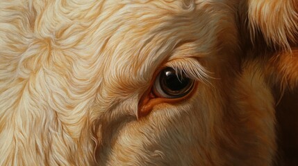 Close-up cow eye, sunlit fur, pastoral background, farm animal portrait