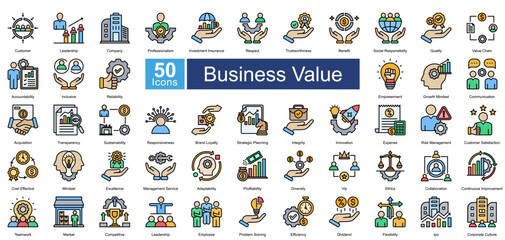 Business Value icon set in Flat Line style, featuring 50 icons of leadership, trust, innovation, and corporate growth. Perfect for business strategy, branding, and organizational development.