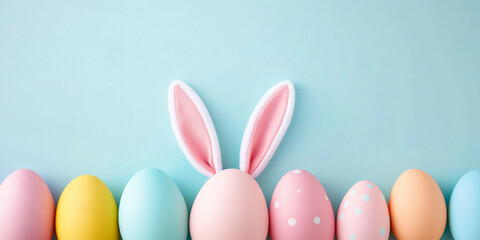 close up of colorful Easter eggs with bunny ears, creating festive atmosphere. soft pastel colors evoke cheerful and playful mood, perfect for spring celebrations