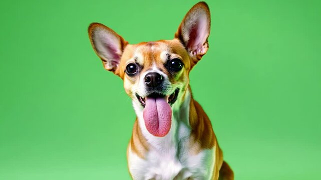 Funny dog isolated on a green screen. Chihuahua dancing happy on green background. 3d cartoon animation. Animal backdrop. Pet on chroma key. Playful friendly dog with mouth open and wagging his tail.