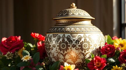 An ornate decorative urn sits elegantly among vibrant flowers, showcasing intricate craftsmanship and beauty, perfect for home decor or as a centerpiece for memorialization and tribute.  