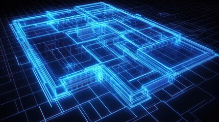 Digital blueprint, building design, 3D model, futuristic architecture, tech background, construction planning