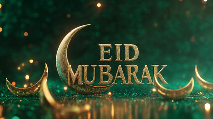 Elegant Eid Mubarak Greeting Card Design Golden Crescent Moons Festive Sparkling Green Background Holiday Wishes Celebration Islamic Culture 3D Render Luxury Design Shiny Golden Text Happy Festive    