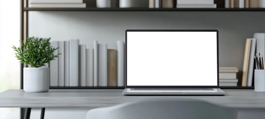 Fototapeta premium modern work from home setup featuring laptop on desk, surrounded by books and potted plant, creating serene and productive atmosphere