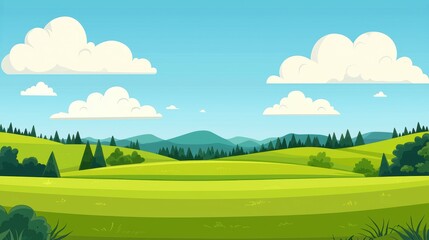 Fototapeta premium Cartoon illustration of a green landscape with hills, trees, and clouds in the sky. Ideal for backgrounds, wallpapers, or illustrations.