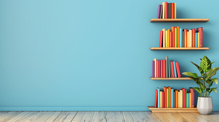 Colorful Books on Modern Wooden Shelves Against Blue Wall