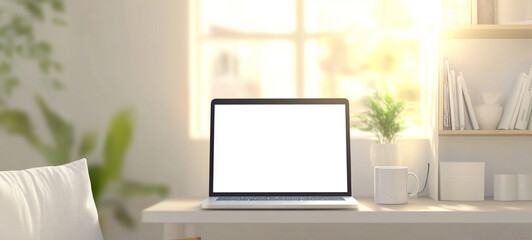 Fototapeta premium cozy and stylish workspace featuring laptop, plant, and coffee mug, illuminated by natural light. This serene environment promotes productivity and creativity