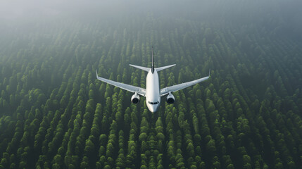 Modern passenger airplane powered by sustainable biofuel, soaring through a clear blue sky with lush green forests below. Eco-friendly aviation, carbon reduction, and future of sustainable air travel.