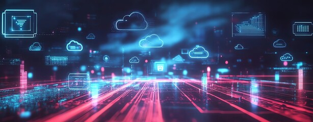 A futuristic AI and technology interface with floating holographic icons of cloud storage, data analytics, and digital security, in a cyber-minimalist style