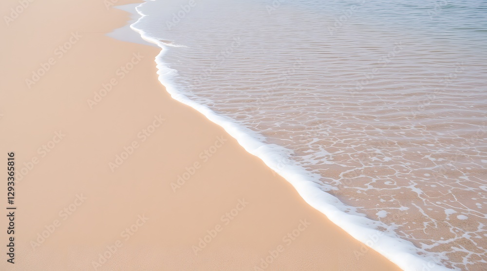 Poster a peaceful beach scene with gentle waves lapping at the soft sand, creating a tranquil atmosphere pe