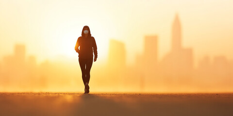 person wearing mask walks alone at sunset, with city skyline in background, creating serene and reflective atmosphere