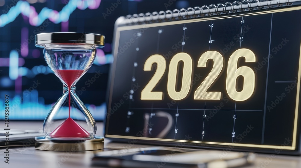Poster conceptual image of an hourglass with the year 2026 displayed surrounded by financial market data an