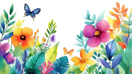 Obraz premium A vivid watercolor floral scene bursts with greens, yellows, and purples, featuring an array of blossoms, leaves, and plants, creating a lively composition