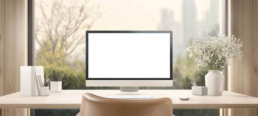 modern home office with widescreen monitor, minimalist decor, and view of nature. workspace features wooden desk, stationery, and vase of flowers, creating serene atmosphere