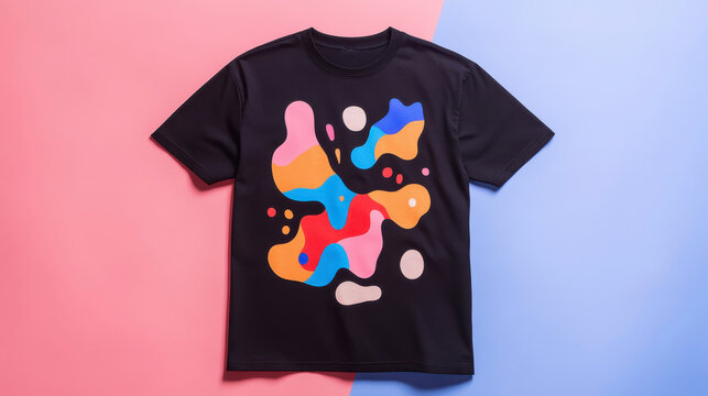 Black t-shirt with colorful abstract design mockup