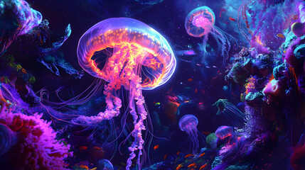 Naklejka premium psychedelic art ocean scene where waves twist into infinite patterns, and fish glow with radiant neon light 
