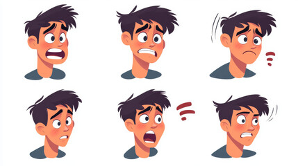 Standing man in front, side and back view and his face with different emotions. Vector cartoon illustration of guy smile, cry, laugh, sad, angry and scared. Male character facial expression set