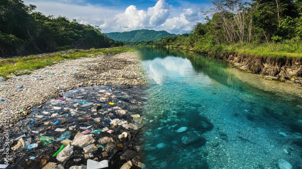 Aufkleber Comparison of a polluted river filled with trash and a pristine stream showcasing the stark contrast in water quality and environment. Generative AI