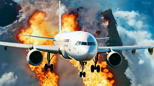 Commercial Airplane Exploding in Flames with Falling Debris