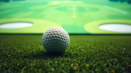 A golf club and ball are positioned on artificial turf in front of a golf simulator screen