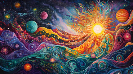 psychedelic art dream featuring a moon with swirling patterns, floating through an ethereal sky of melting colors 
