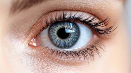 Close up of a beautiful blue eye with long eyelashes. Concept of beauty, vision, and health.