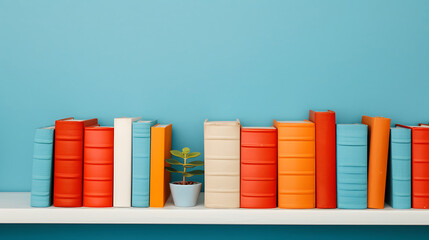 Colorful Bookshelf Display with Small Plant Decor